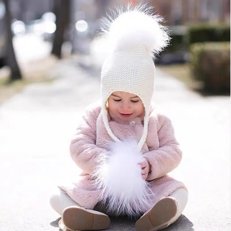 0-3 anni bambino bambini inverno caldo berretto lavorato a maglia cappello doppio pompon di pelliccia