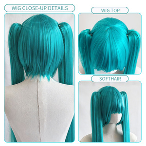 Perruque complète universelle <span class=keywords><strong>Hatsune</strong></span> Anime <span class=keywords><strong>Cosplay</strong></span>, 40 pouces, bleue, réglable, lisse et ondulée, double queue de cheval, vente en gros pour Halloween - Product Image 4
