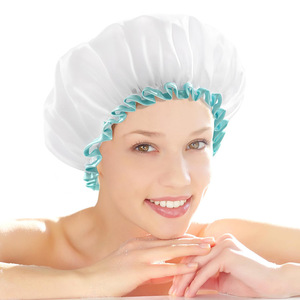 Gorro de ducha blanco de doble capa con ribete verde, impermeable de PEVA, para mujeres y niñas - Product Image 1