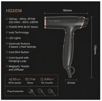 Sèche-cheveux en céramique en forme de T, 2000W, moteur BLDC haute vitesse, 110000 tr/min, technologie ionique, 3 vitesses, 3 réglages de chaleur, lumières LED, utilisation hôtelière