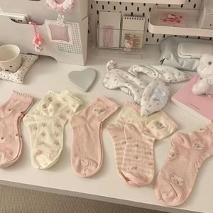 <b>Cute</b> Women's Casual Mid-Calf <b>Socks</b> With Cartoon Cat Pattern Breathable Polyester Fiber Pink White Lace Bow Design - Product Image 1