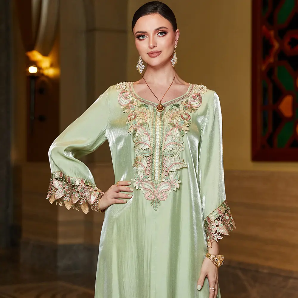 2023 Eid New Handmade V Neck Vestido Flor Oriente Médio Holiday Party Dress Vestuário Islâmico Tradicional Muçulmano Split Robe