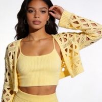 Ensemble deux pièces en tricot jaune beurre ajouré pour femme : Boléro et débardeur – Style doux et épicé – Ropa De Mujer