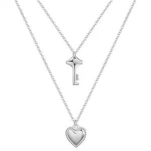 love couple round stainless steel woman double chain heart and key necklace
