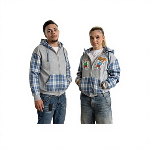 Sweat-shirt unisexe à capuche zippé, motif patchwork à carreaux gris et bleu, coupe oversize décontractée pour l'automne, avec design imprimé en relief - Product Image 2