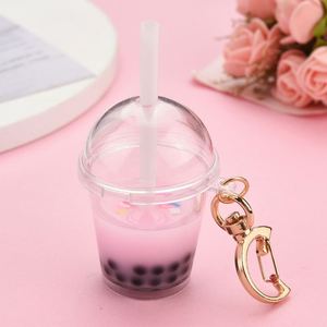 Mini tasse à thé au lait en acrylique imitation perle, remplie d'huile, avec paille, porte-clés, boucle lune, accessoires de sac, cadeau pour femme - Product Image 6
