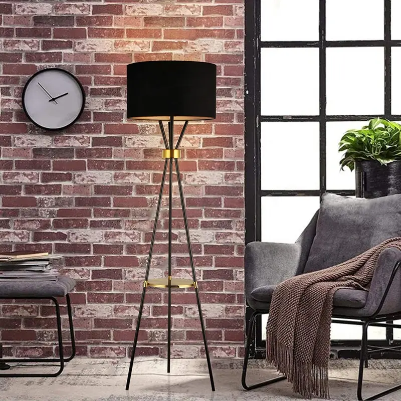 Gold+Black Shade Tripod Plant Stand Floor Lamp with one Tier Table