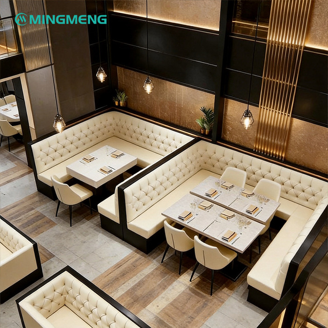 Elegant L Shaped Banquette Seating Button Tufted Beige Upholstery for Hotel Cafe Furniture