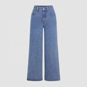 Jean personnalisé WJ421 avec strass pour femmes jeans à jambes larges jeans pour femmes