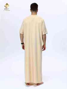 Al Haramain <b>Men's</b> Beige <b>Thobe</b> Round Neck Short Sleeve Floor Length Cotton Prayer Robe Middle East Style Casual Wear - Product Image 2