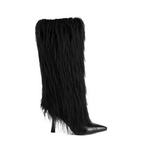 Bottes en similicuir à talons hauts pour femmes bout pointu détail de gland fausse plume automne/hiver semelles à enfiler en caoutchouc - Product Image 6