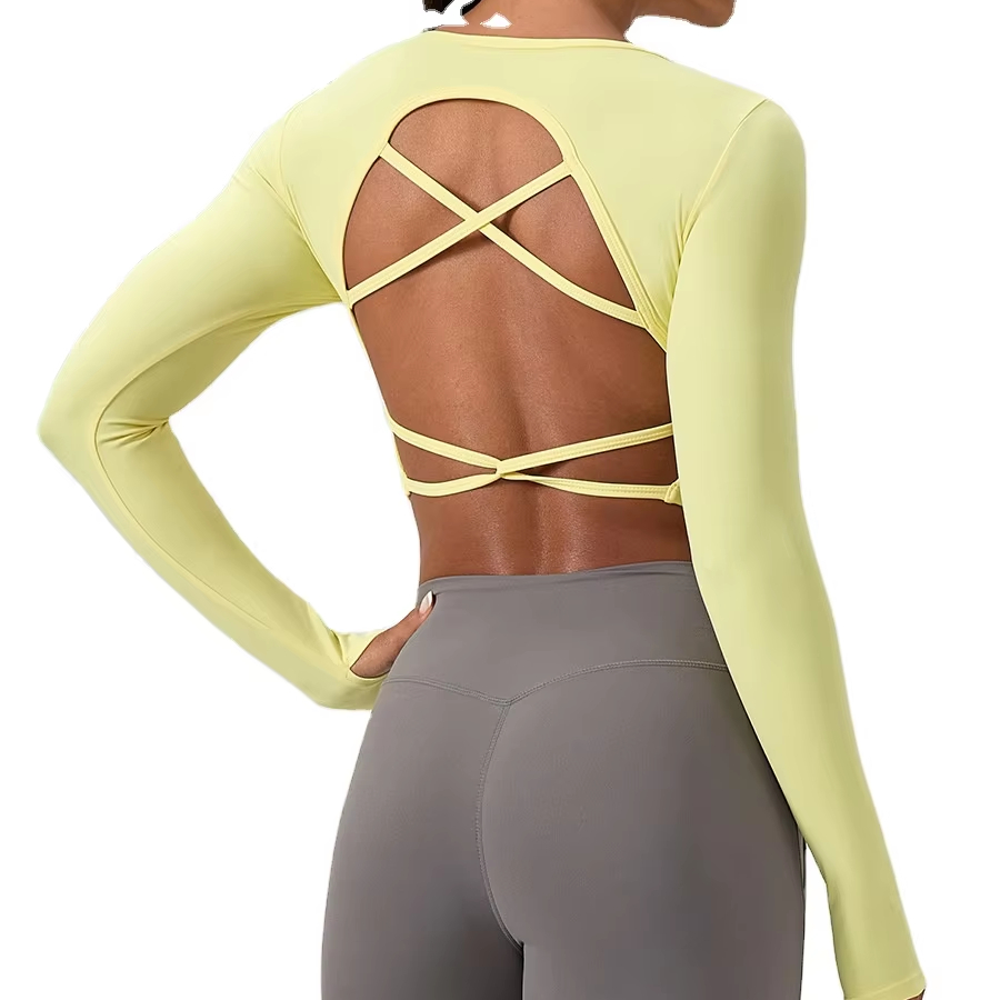 Women Soft V Neck Gym Yoga Long Tops T Shirts Compression Lightweight Cross Back Sexy Running Sports T Shirt With Thumb Hole