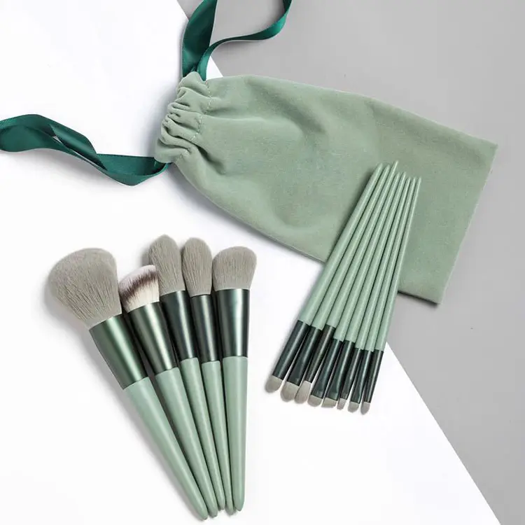 13pcs Plastic Handle Face Contour Synthetic Makeup Brush Sets Custom Logo Pro Makeup Brush Set With Pouch