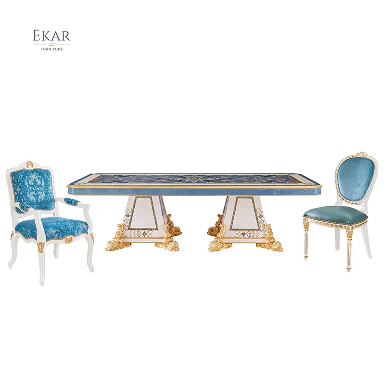 Muebles de lujo Dubai Majlis Villa antigua Comedor Juego de mesa de comedor de caoba tallada en madera para 10 sillas