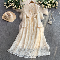 Robe élégante pour femmes en dentelle rose, coupe évasée, manches longues, col décoré de strass, robe de soirée décontractée mi-longue pour tous les jours