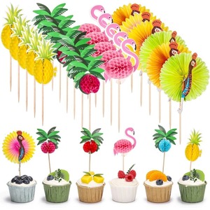 Tropical Cake Toppers Paper Decorations Flamingo Pineapple Coconut Tree Skewers For Themed Party Cupcake Decorating Supplies - Product Image 1
