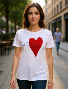 T-shirt bianca da donna Lion Brand con stampa di testo in francese con cuore rosso, girocollo, manica corta, in jersey traspirante, vestibilità casual, taglia S XXL - Product Image 2