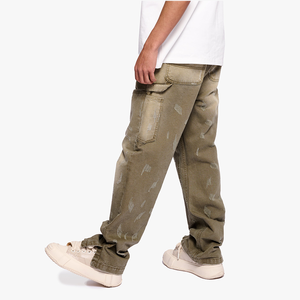 <span class=keywords><strong>Jeans</strong></span> cargo délavés pour hommes, pantalon baggy en denim délavé <span class=keywords><strong>vert</strong></span> olive avec plusieurs poches, style streetwear - Product Image 4