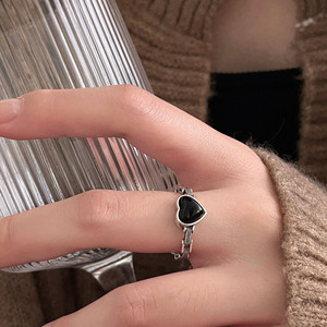 S925 Sterling Silver Black Agate Heart <b>Ring</b> <b>Open</b> Design For Index Finger Women's Jewelry Everyday Wear - Product Image 1