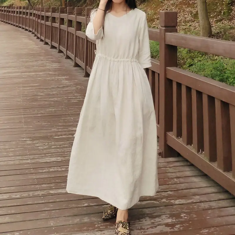 Robe pour femmes en coton lin mélangé design personnalisé robe maxi pour femmes en lin naturel de couleur unie