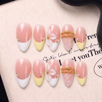 Faux ongles à presser en PMMA faits main, motif vague océanique, incrustation émail, forme amande moyenne, couvrance totale, 10 pièces