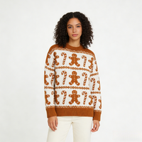 Pull en tricot festif pour femme adulte, motif Jacquard Bonhomme en pain d'épices, vêtement d'hiver doux, production en gros