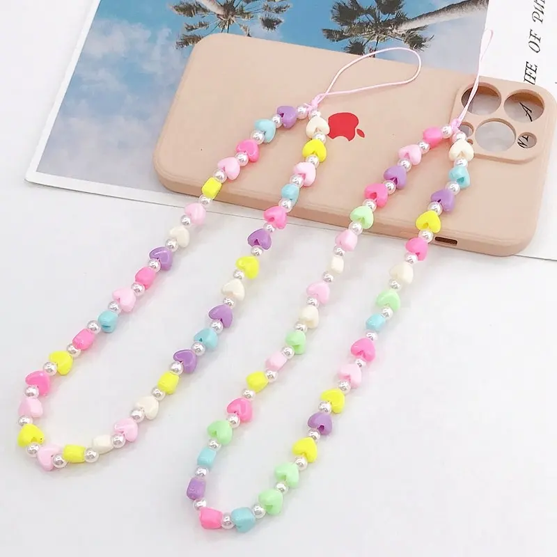 Bestsale kawaii rainbow color beads Acrylic Handmade heart shape Beaded cellPhone case Chains charm strap