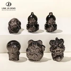 JD Energia Cura Bonito Animal Estatueta Home Decor Natural Obsidian Gemstone Prata Esculpida À Mão Treasure Gourd Cat PIXIU Artesanato