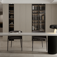 Bibliothèque moderne sur mesure avec étagères en bois et espace de bureau, design éco-responsable et gain de place pour appartement, villa, salon, meubles