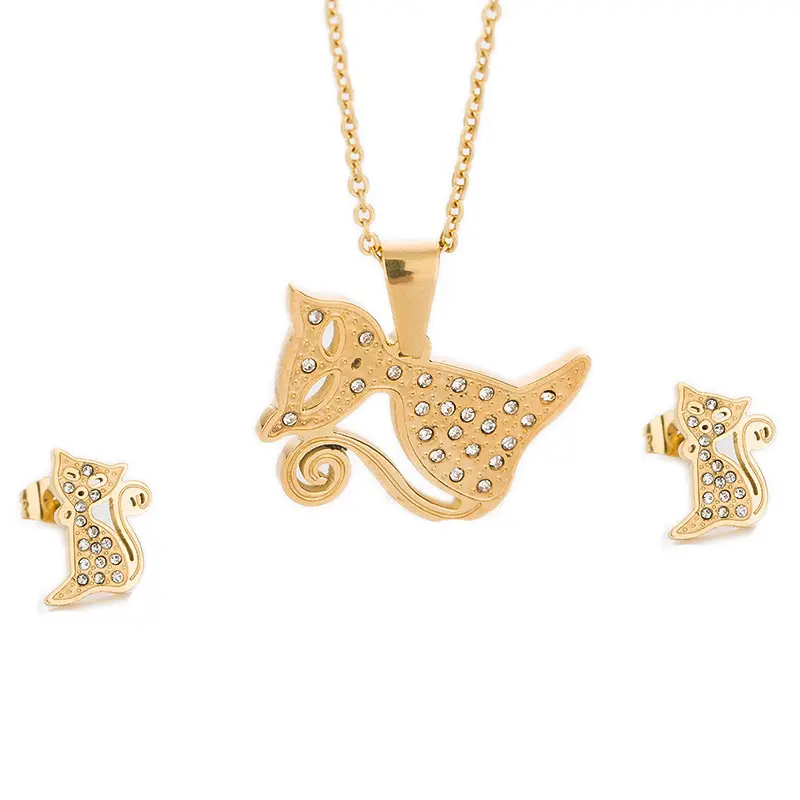 Factory Direct Cat Rhinestone Stud Earrings Gold Chain Necklace Pendant Zirconia Jewelry Set