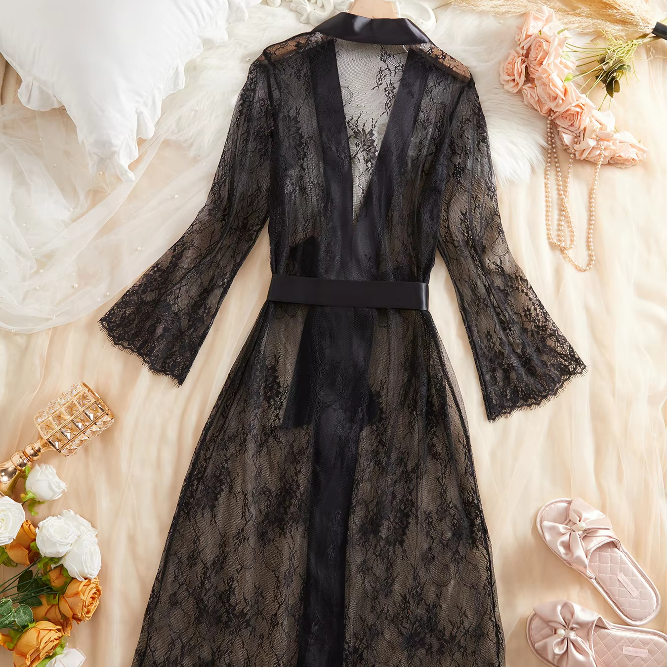 Deals Black Lace Robe Satin Material, Plus Size | Alibaba.com