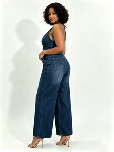 Combinaison en <span class=keywords><strong>jean</strong></span> à jambes larges pour femme, col licou, dos nu sexy, boutonnée, style salopette, tendance, avec revers, tenue en <span class=keywords><strong>jean</strong></span> une pièce - Product Image 5
