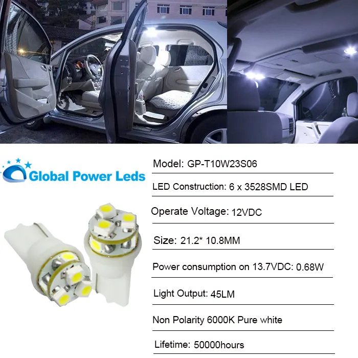 T10 12v led pozisyon ampul 3528 çip 6SMD araba ışık okuma ışığı kuyruk aydınlatma LED ampulü