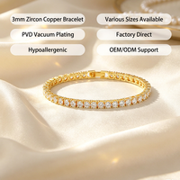 Bracelet Tennis et Joncs en Cuivre Plaqué Or 18K avec Zircone Cubique 3mm, Placage Sous Vide PVD, Anti-ternissement, Étanche, Bijoux Tendance 2027 Factory