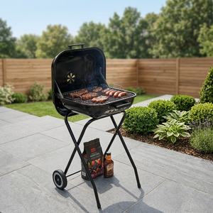BestBQ Barbecue a Carbone in Acciaio 49x47xh.83cm con Coperchio e Ruote, Nero, con Prese d'Aria Regolabili per Campeggio, Griglia a Forma di Barile - Product Image 2