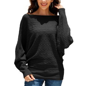Pull tricoté à col bateau et manches chauve-souris pour femme, style décontracté automne, anti-boulochage, manches longues, col rond - Product Image 1