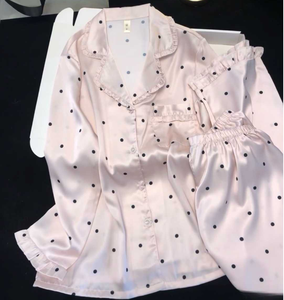 Ensemble de <span class=keywords><strong>pyjama</strong></span> en soie glacée à pois roses de style coréen doux et féminin pour le printemps et l'été, cardigan ouvert, vêtements de maison pour femmes - Product Image 2