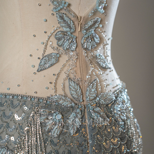 Robe de bal sirène plissée en mousseline bleue Sfy288 avec broderie, ornée de cristaux, strass et sequins pour soirée - Product Image 6