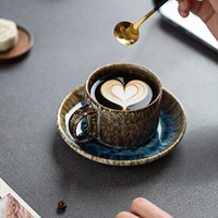 Tasse à café en céramique avec glaçure réactive et soucoupe, marron et bleu, pour café, dessert ou table de café