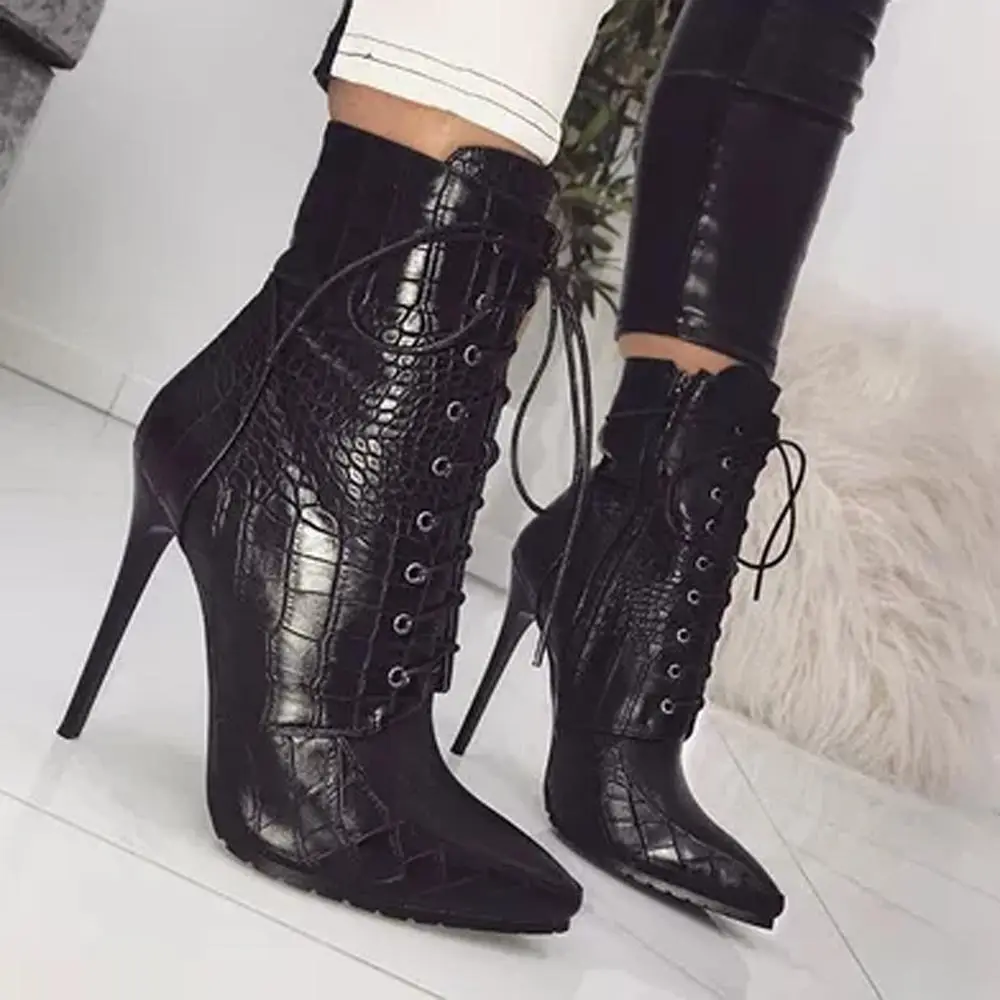 Trendy Ladys Point Toe Stiletto High Heels Black Mid Calf Boots Elastic Tie Up Ankle Lace Up Short Boots For Women