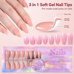 150 Uñas Postizas de Color Nude Neutro, de ABS, Removibles, de Gel Suave, Medianas, Cuadradas, Estilo Francés, para Salón - Product Image 1