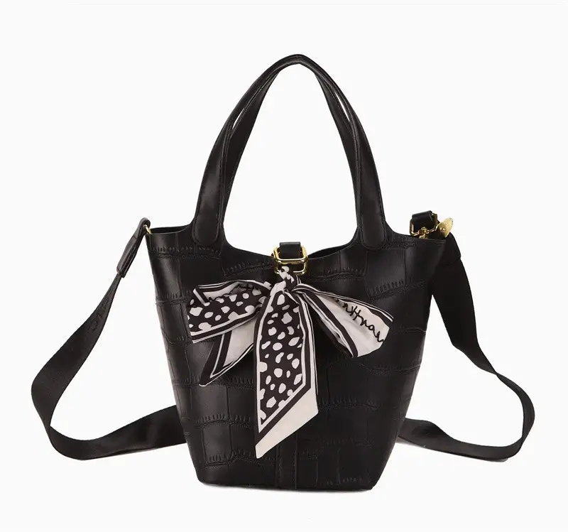 Yuhong New Designer Bucket Woman Handbag Black Leather Purses Handbags Western Style Soft Hand-held Basket Handbag With Scarf