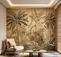 Papier peint mural vintage tropical avec palmiers et oiseaux pour salon, hall d'hôtel et salon de thé