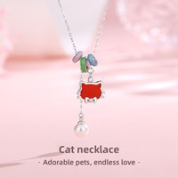 Collier tendance chat mignon pour filles et femmes, avec chaton incrusté d'agate rouge, pendentif en forme de beignet, plaqué or, cadeau