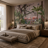 Papier peint mural tropical avec flamants roses, oiseaux exotiques de la forêt tropicale, papillons, nature, pour salon de beauté, hôtel, restaurant, décoration murale