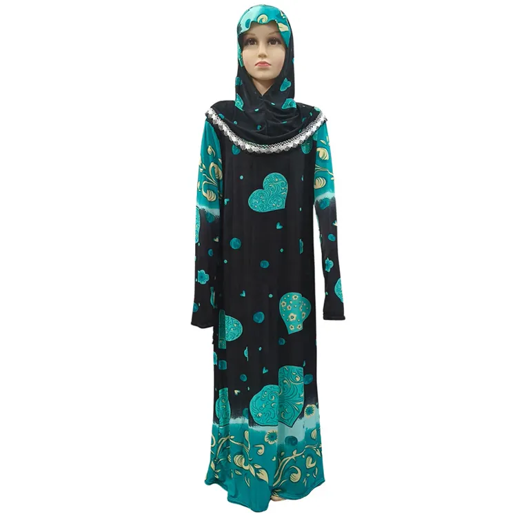 High Quality Ice Silk Moroccan Dubai Muslim girl Traditional Clothing Fashion Floral Print Loose Hooded Dress Abaya With Lace