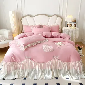 Princess Lace Embroidery Cotton Bedding Sets 4pcs Heart Pattern Luxury Modern Queen King Duvet Cover Sets