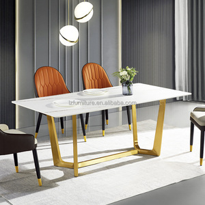 Modern Rectangular Sintered Stone <b>Dining</b> <b>Table</b> Marble Slab Top Gold Metal V-Leg Base 6-8 Seater Luxury Restaurant Furniture - Product Image 5