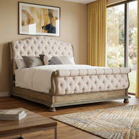 Lit de style français King Size réglable avec cadre rembourré, tête de lit capitonnée en tissu, structure en bois massif - Mobilier de chambre luxueux