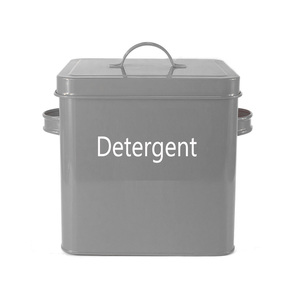 Washing Powder Tin Metal Laundry Container Scoop Storage Detergent Box Lid Grey